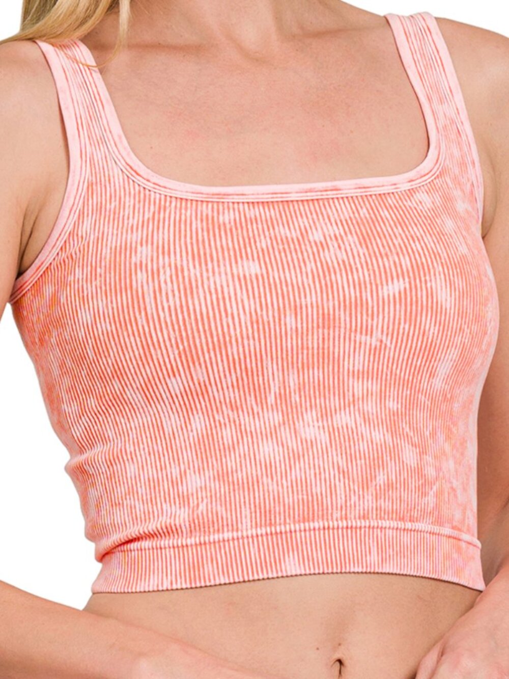 2-Way Neckline Washed Ribbed Seamless Tank Top in Coral